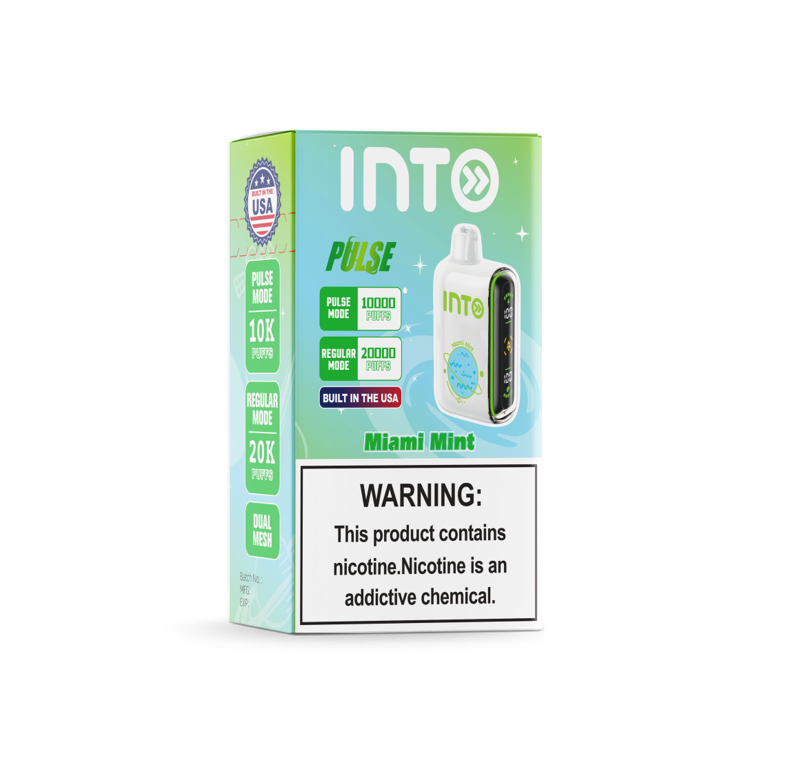 INTO Pulse Miami Mint – Dual Modes, Smart Display, and Up to 20,000 Puffs of Pure, Refreshing Mint Coolness